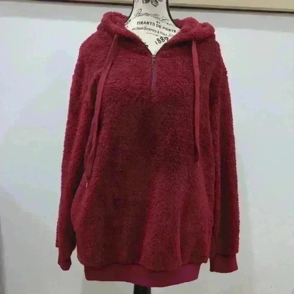 TEMOFON | Women's Burgundy Oversized Comfy Fleece Pullover Hoodie - Picture 2 of 6